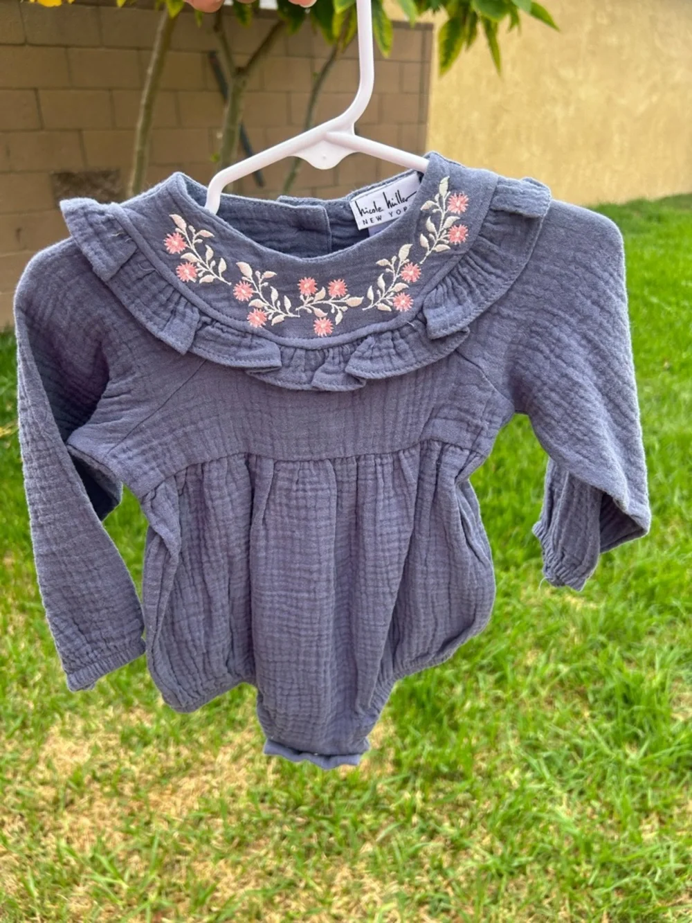 Nicole Miller Toddler Long Sleeve Gray Romper with Pink Floral Embroidery